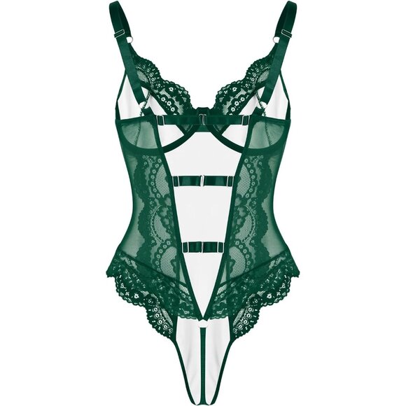 Sexy Leather Green Underwire Push Up Corset Lingerie Women Teddy Bodysuit Top - Picture 4 of 6